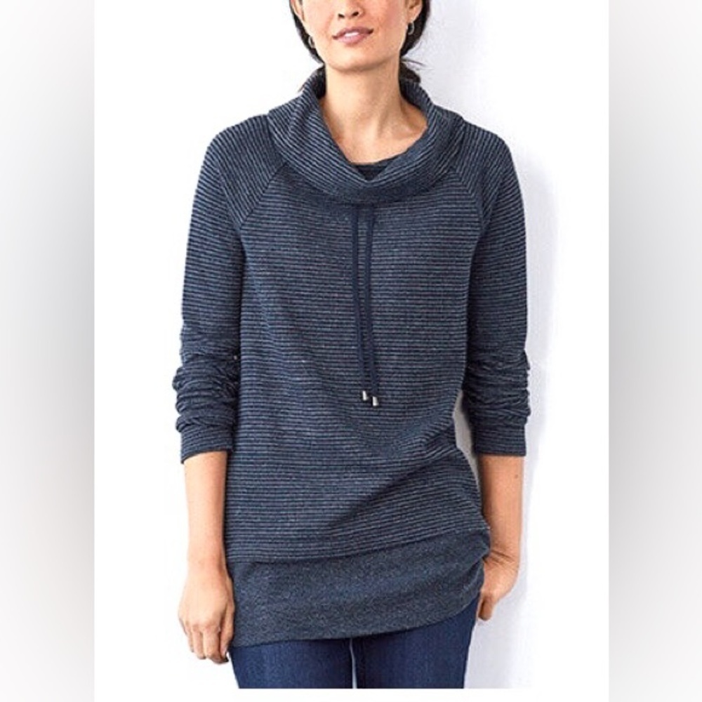 J. Jill Fit Fleece Draped-Neck Tunic in Dark Navy Stripe